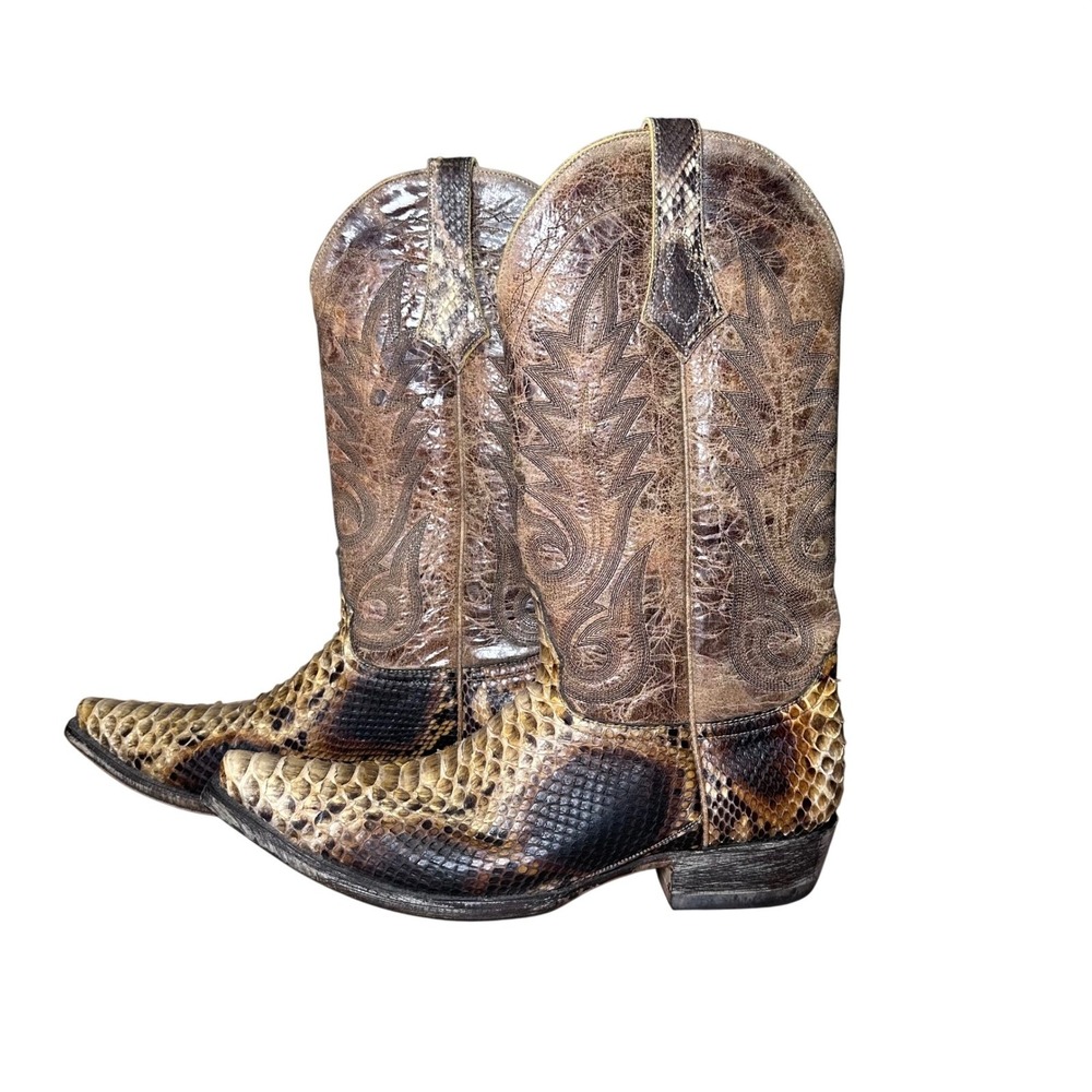 Old Gringo Python Snakeskin Western Boots Brown Distressed Leather Snip Toe